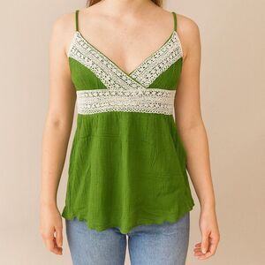 FANG Solid Green white lace trim Cami 100% Cotton Tank Top Blouse Size L